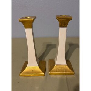 Antique 1910-1919 Pickard China Porcelain Tall Candlesticks, Gold and Ivory